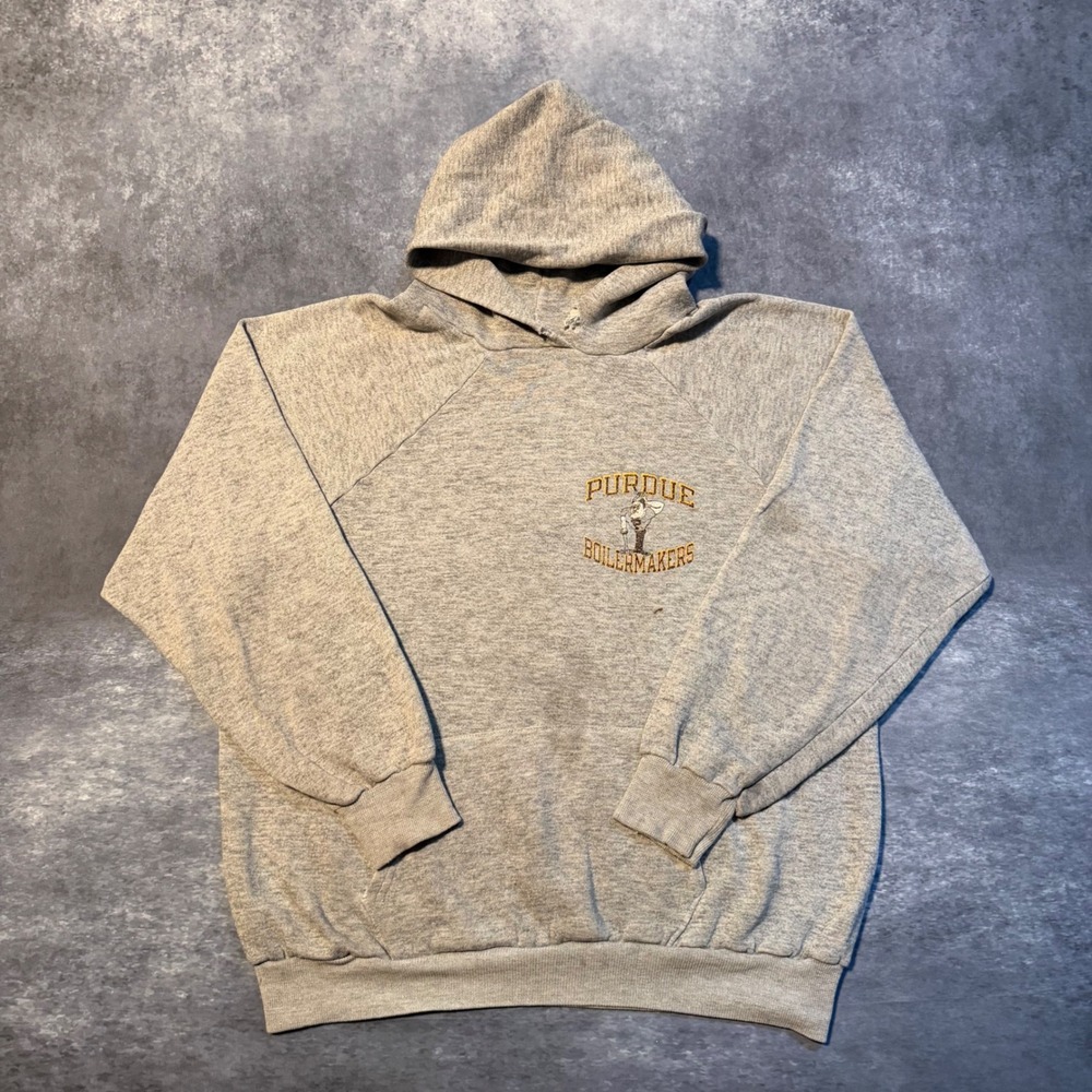 Vintage Champion Purdue Boilermakers Hoodie Sweatshirt Men Large Gray Raglan 80s